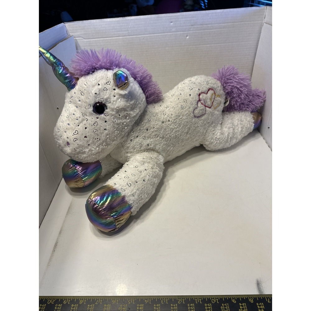 Goffa Unicorn Stuffed Animal 24" Long White w Rainbow Feet Silver Hearts Overall